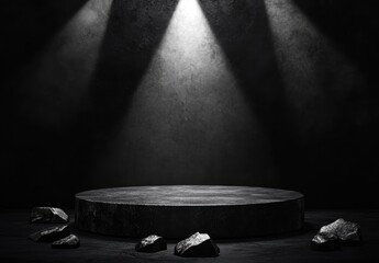 Obraz premium 暗い背景に照明が当たる円形プラットフォームと周りの石