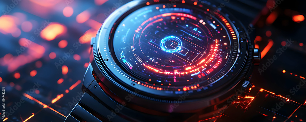 Aufkleber a futuristic smartwatch displaying a vibrant digital interface with glowing elements.