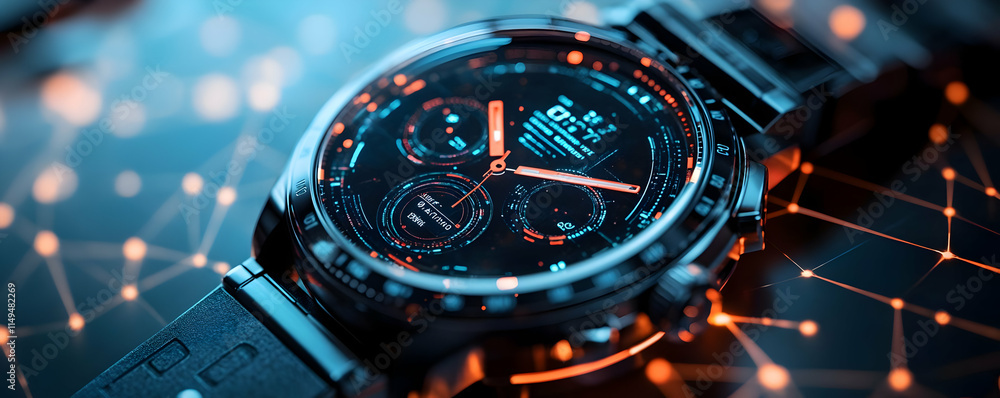 Poster a close-up of a modern digital watch with a sleek design and illuminated features.