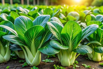 Panoramic View of Lush Bok Choy, Vibrant Green Harmony in Vegetable Garden