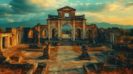 Fototapeta premium Ancient ruins, sunset, arched gateway, mountain backdrop.