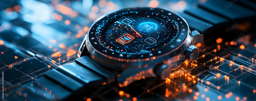 Aufkleber a futuristic smartwatch displayed with a glowing interface and a sleek design.