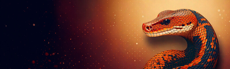 A striking card template featuring a vibrant snake with intricate, shimmering scales, perfect for celebrating the Lunar New Year 2025, the Year of the Snake, in an elegant and festive style.