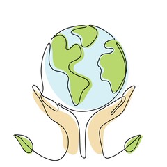 Green Earth line art illustration. Continuous line art drawing. Sustainable of Green Energy concept. Line art illustration.