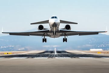 Naklejka premium stock photo of modern airplane taking off from airport runway with engines thrusting aircraft into air