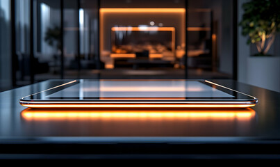 A sleek tablet illuminated by warm light on a modern table in a stylish interior.