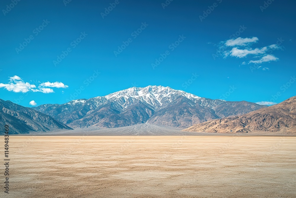 Poster breathtaking mountain view with snow-capped peaks in background with clear blue skies and vast empty