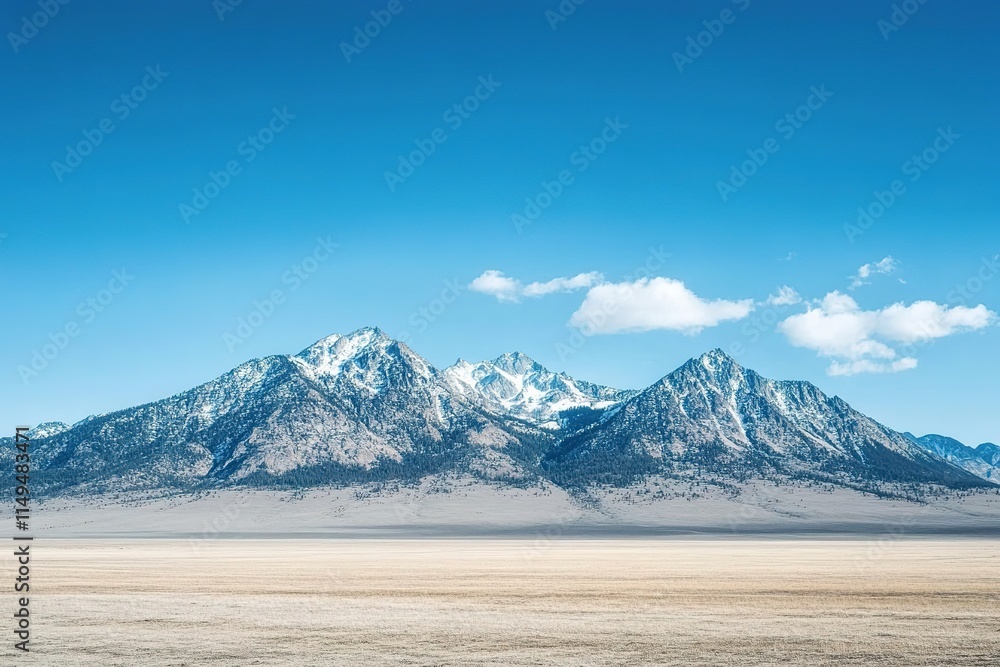 Poster breathtaking mountain view with snow-capped peaks in background with clear blue skies and vast empty