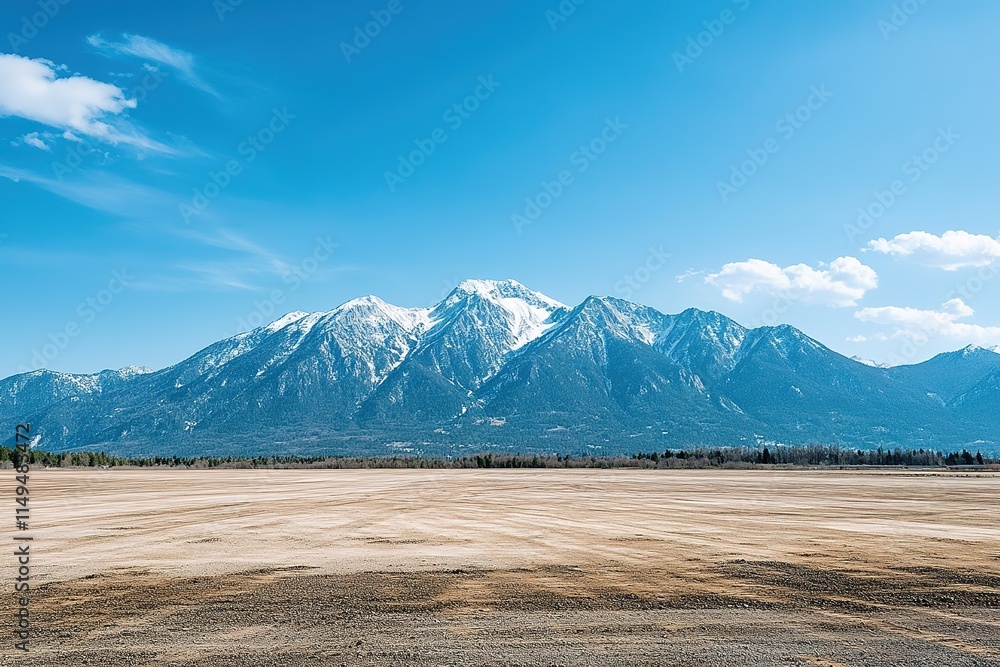 Poster breathtaking mountain view with snow-capped peaks in background with clear blue skies and vast empty