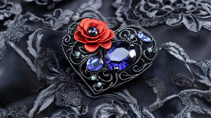 Fototapeta premium Heart-Shaped Brooch Illustration: Red Flower and Blue Gemstones