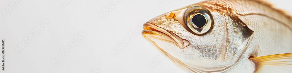 Poster close-up of fish on white background minimalistic and clean design with ample empty space surroundin