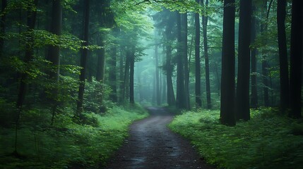 Obraz premium Misty Forest Path Winding Through Lush Green Trees