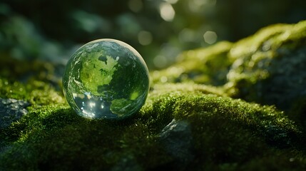 Glass Globe Earth Rests On Lush Green Moss