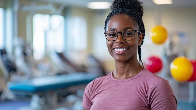 Woman smiling confidently after completing a successful rehabilitation program Stock Photo with side copy space