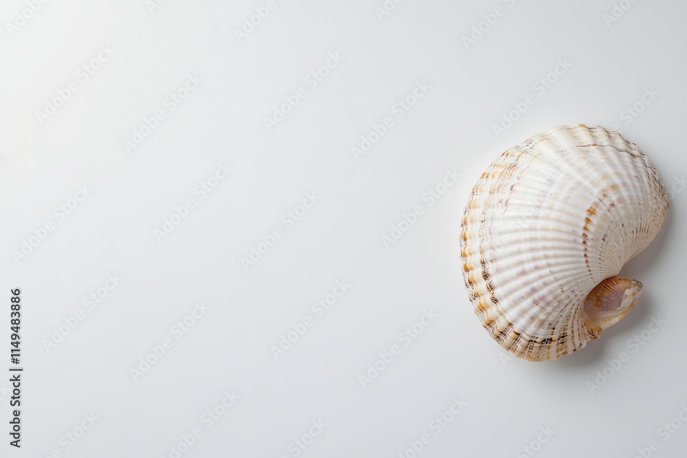 Poster minimalistic composition of single seashell on clean white background with lot of copy space around it creating sophisticated