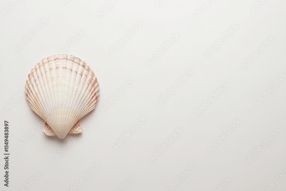 Poster minimalistic composition of single seashell on clean white background with lot of copy space around 