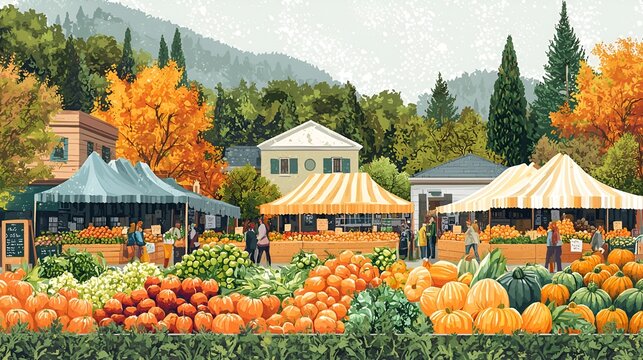 Autumn Harvest Farmers Market in a Quaint Village Setting