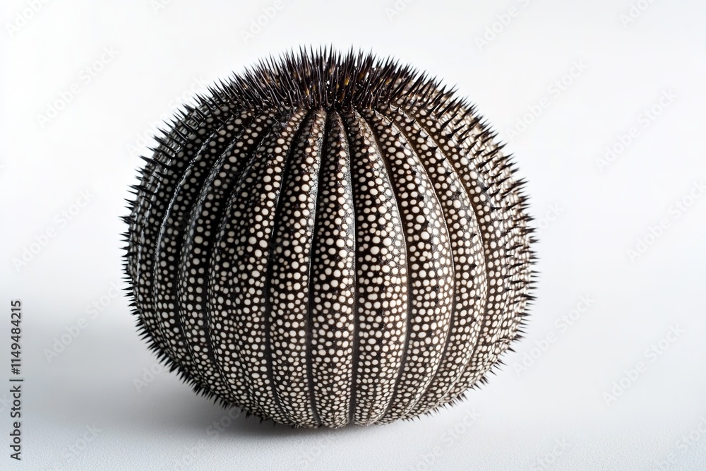 Poster sea urchin in center of frame placed on white background with large surrounding copy space emphasizi