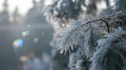 Frost covered pine needles glisten in the winter sun