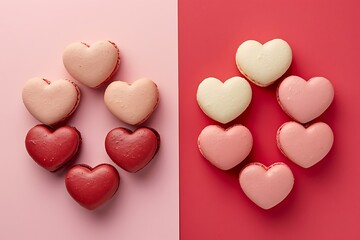Obraz premium Colorful Heart-Shaped Macarons on Pink and Red Backgrounds