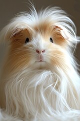 A fluffy guinea pig with long fur, showcasing its cute and curious expression.