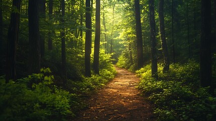 Obraz premium Sunlit Forest Path Winding Through Lush Green Trees
