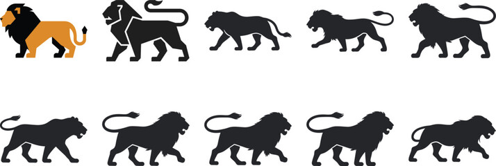 Fototapeta premium Lion Silhouettes Collection. Black Lion Icons for Nature & Design.