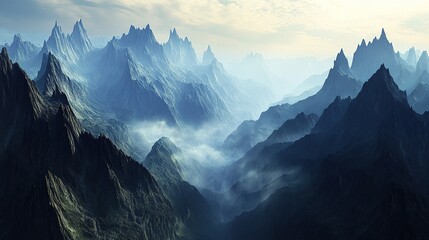 vast majestic mountain range with jagged peaks and misty valleys below scene is wide with large amount of copy space