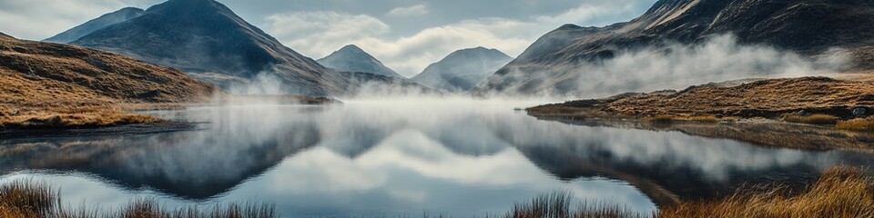Fototapeta premium wide-angle shot of quiet alpine lake surrounded by mountains mist rising from water copy space on bottom for design