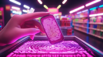 A Futuristic Hand Holding a Digital Object with Fingerprint Scanner Illuminated in Neon Colors in a High-Tech Retail Environment