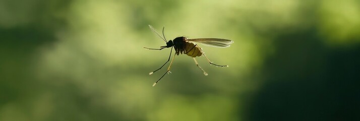 a mosquito flying in the air, blurred bright green background