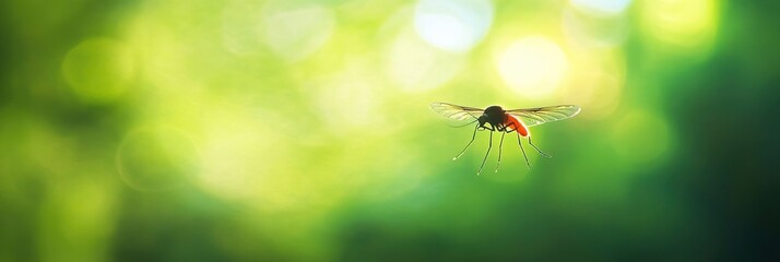 a mosquito flying in the air, blurred bright green background