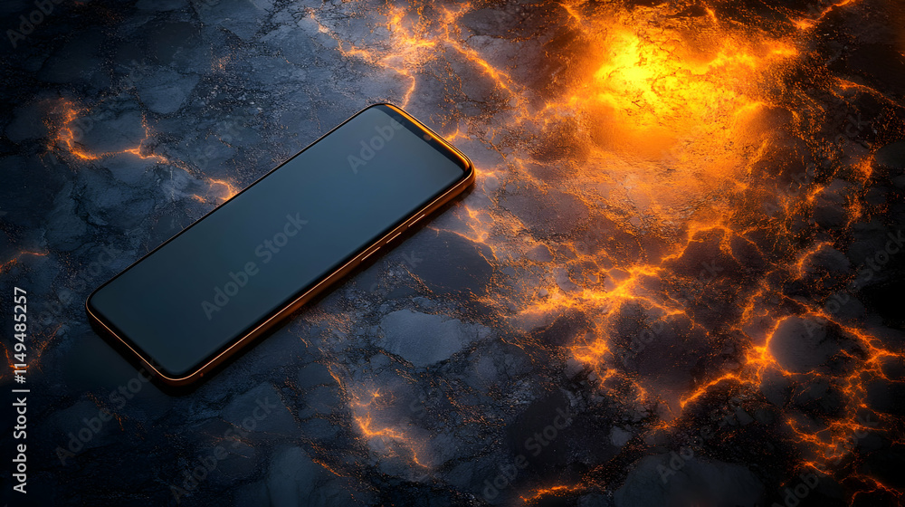Poster a smartphone resting on a textured surface with glowing lava-like patterns.