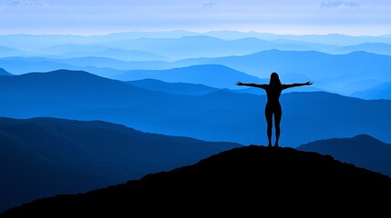 Woman standing on a mountaintop at sunrise arms outstretched symbolizing freedom and empowerment Stock Photo with side copy space