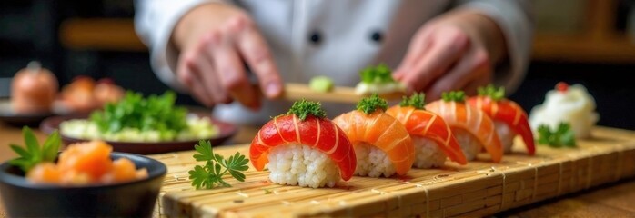 Artfully arranged sushi nigiri with salmon and tuna, garnished with parsley, on a bamboo mat, with a chef delicately adding toppings in a restaurant setting