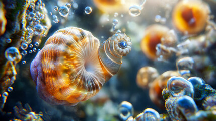 Vibrant underwater spiral shell amidst bubbles and marine life