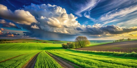 Fototapeta premium Spring Landscape Photography: Green Fields, Winter Crops, Cloudy Sky