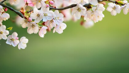 Obraz premium 春の緑色の背景にピンク色の桜の木と花びらのフレーム素材のイラスト。AIで生成