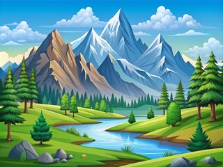 Fototapeta premium Illustration Of Cartoon Style Mountains Landscape