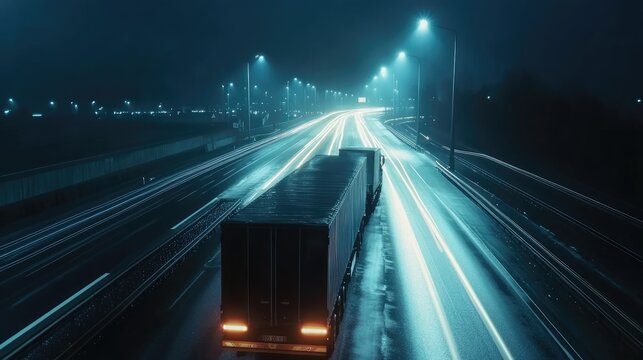 Trucks on highway, street in night time. Motion blur, light trails. Transportation, logistic. Timelapse, hyperlapse of transportation. Abstract soft glowing lines