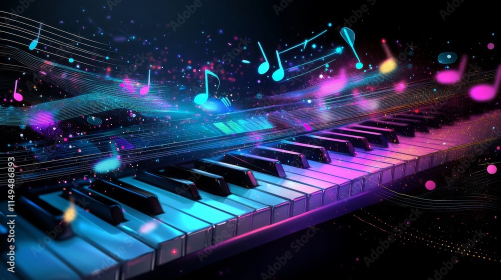 Wall mural colorful abstract music design with piano keys and vibrant notes floating through a dreamy backgroun