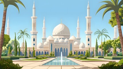 luxurious and magnificent mosque building, with a large and beautiful garden