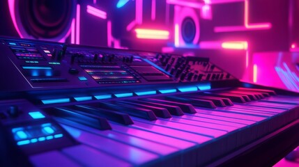 Colorful Synthesizer with Neon Lights and Dynamic Background, Perfect for Music Production and Digital Art, Evoking an Energetic Atmosphere of Sound and Creativity