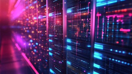 Digital Data Center Environment with Vibrant Light Patterns and Abstract Visuals Representing Advanced Technology and Modern Computing Systems