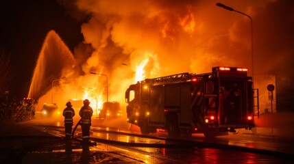 Obraz premium Emergency Response to Fire Incident at Night