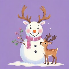 Snowy Winter Scene: A Snowman and a Deer Together
