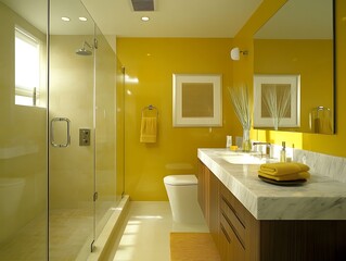 Modern Yellow Bathroom With Glass Shower And Marble Vanity