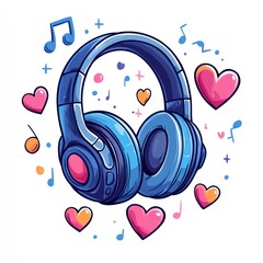 Obraz premium Blue Headphones Surrounded by Hearts and Music Notes