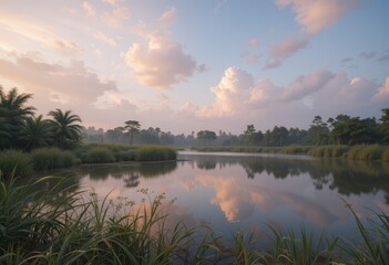 Fototapeta premium Sunset and Sunrise Over a Calm Lake with Reflections and Scenic Nature Views