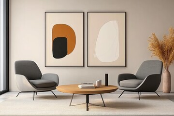 Mid Century Living Room with Lounge Chairs and Wooden Coffee Table Against Beige Wall and Mockup Poster Frames